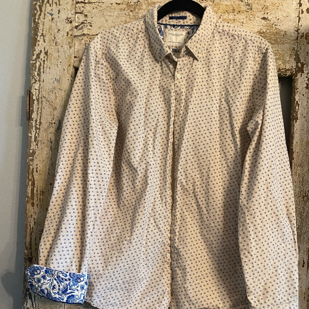 Denim & Flower Ricky Singh Printed Button-Down Shirt - Blue on Beige, Size XL